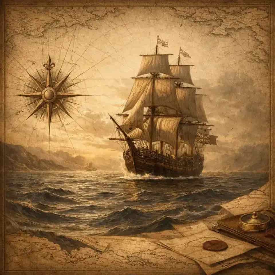 Historisches Kriegsschiff auf offener See vor nautischer Kartenästhetik