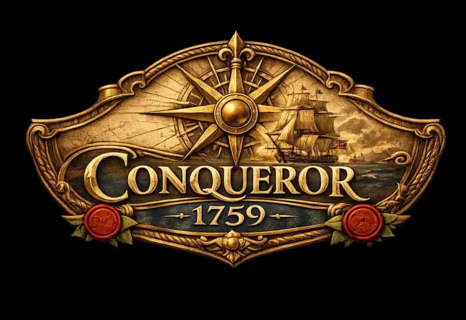Conqueror 1759 Logo mit Kompassrose, Schiff und historischen Zierelementen